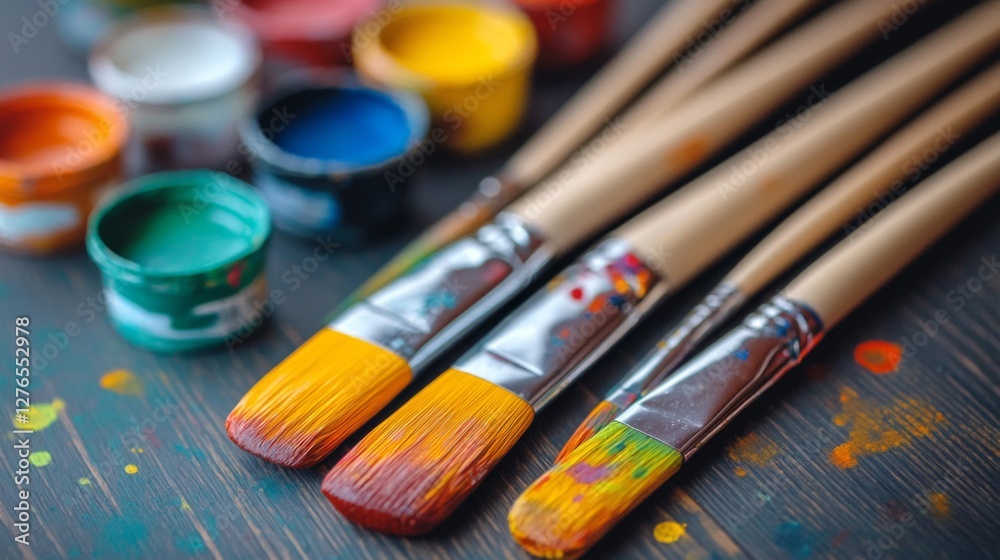 Fototapeta premium Colorful Paint Brushes Resting on a Wooden Surface