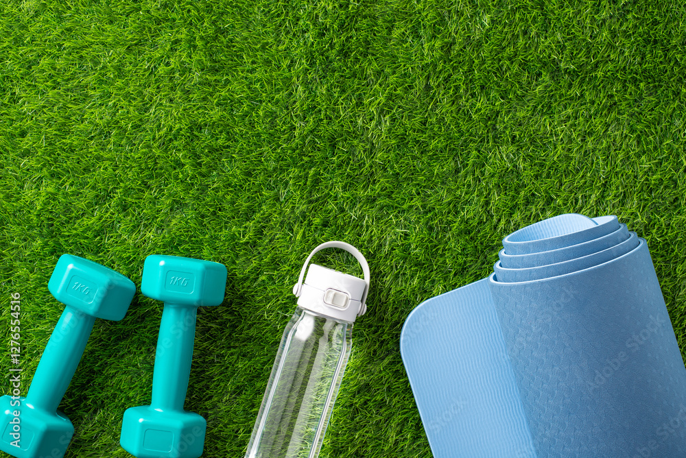 Fitness equipment including weights, a water bottle, and a yoga mat placed outdoors on green grass. Promotes a healthy, active lifestyle and represents exercise and wellness concepts Fitness equipment including weights, a water bottle, and a yoga mat placed outdoors on green grass. Promotes a healthy, active lifestyle and represents exercise and wellness concepts