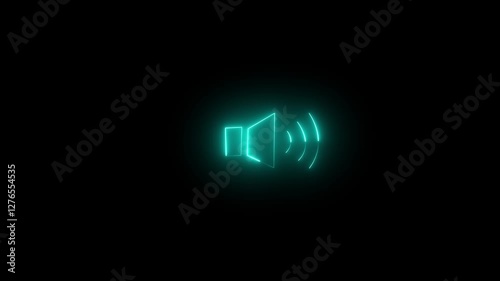 cyan color glowing neon speaker icon on black background.