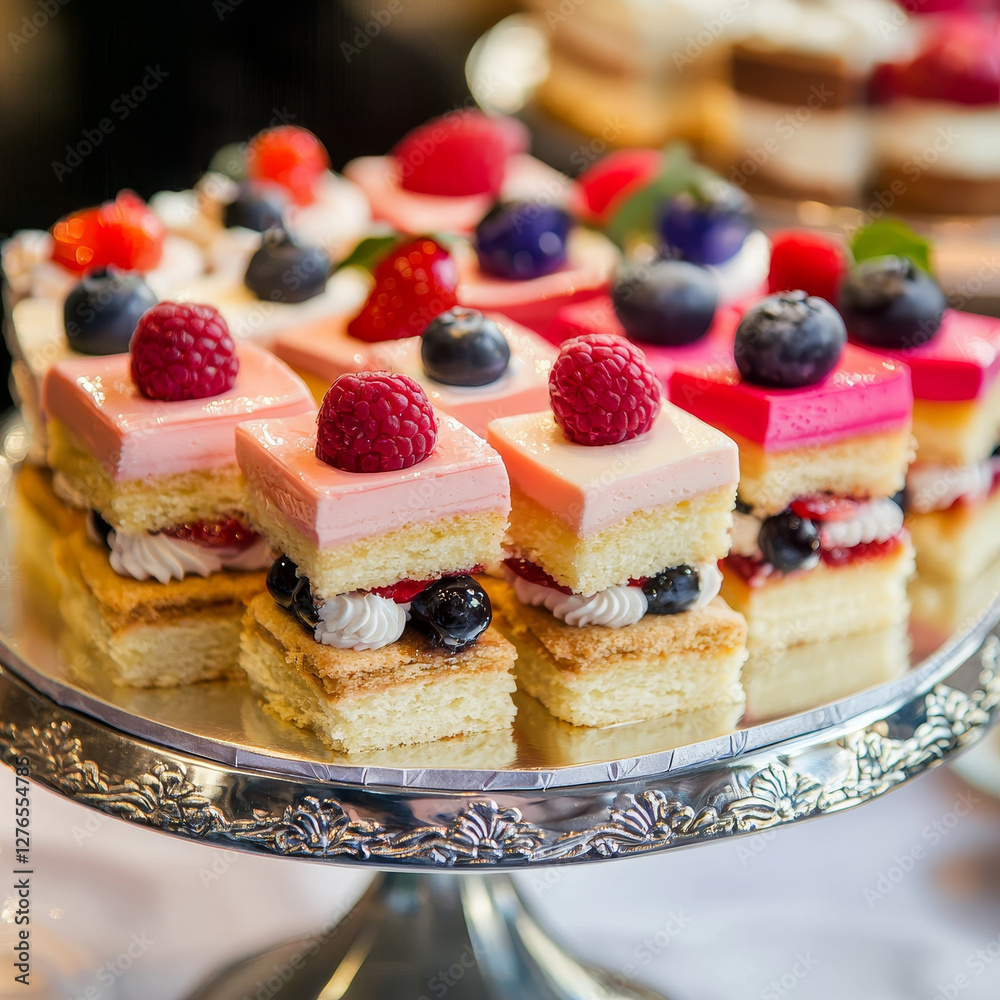 Assortment of mini cakes with fresh berries and cream Assortment of mini cakes with fresh berries and cream