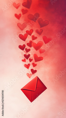 A red envelope releases hearts into the air, symbolizing love and affection. The image represents romance, connection, and celebration, making it ideal for Valentine's Day. photo