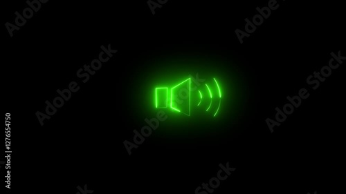green color glowing neon speaker icon on black background.