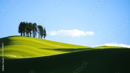 nice green grass field with beautiful blue sky and cloud with trees