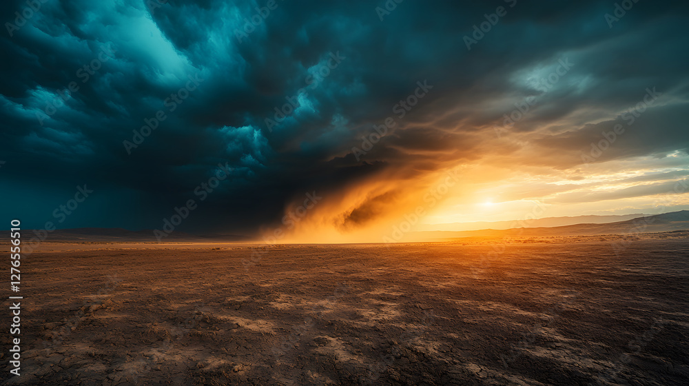 A dramatic sky transitions from dark clouds to a vibrant sunset over a vast landscape, creating a stunning contrast of colors