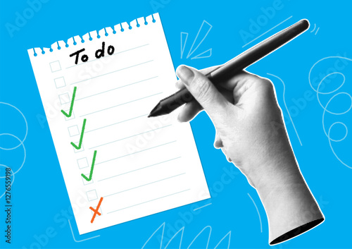 Trendy halftone collage banner with hand holding pen and note on a sheet of notebook. Modern retro style. Check list, to do. Vector  illustration.