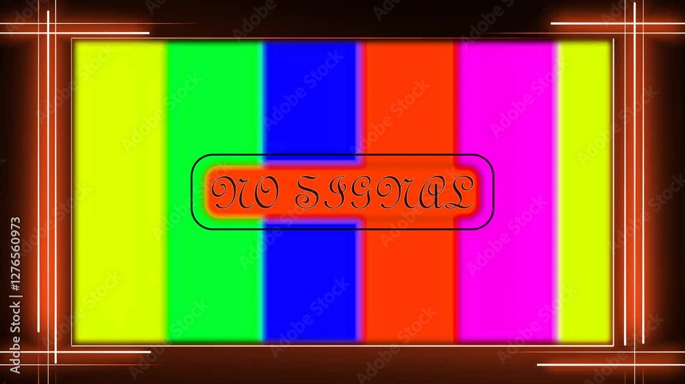Animated colorful TV test stripes NO signal text animation . Rectangle neon picture frame background 