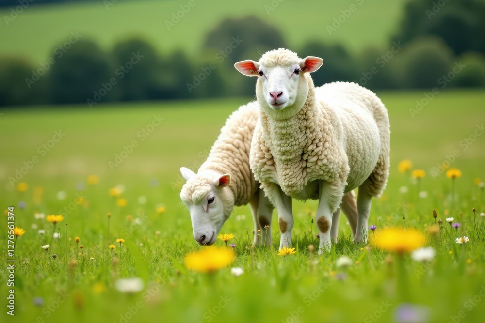 Obraz premium White sheep grazing in green meadow with wildflowers, wildflowers, northumberland