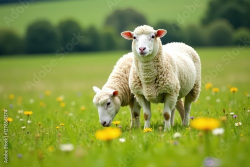 White sheep grazing in green meadow with wildflowers, wildflowers, northumberland photo