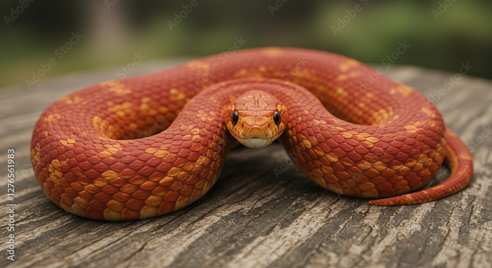 Obraz premium Corn Snake Coiled on Wood Surface Looking Directly at the Camera