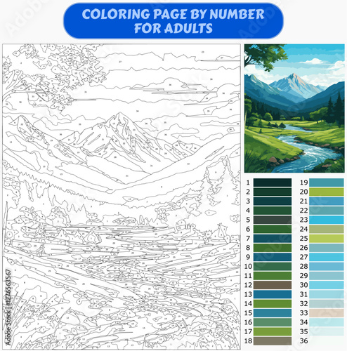 Scenic Mountain Landscape Paint by Numbers – Detailed Nature Coloring Page for Adults with Numbered Color Guide