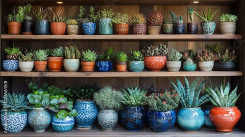 Wallpaper Mural A Wooden Shelf Displays Many Colorful Potted Plants Torontodigital.ca
