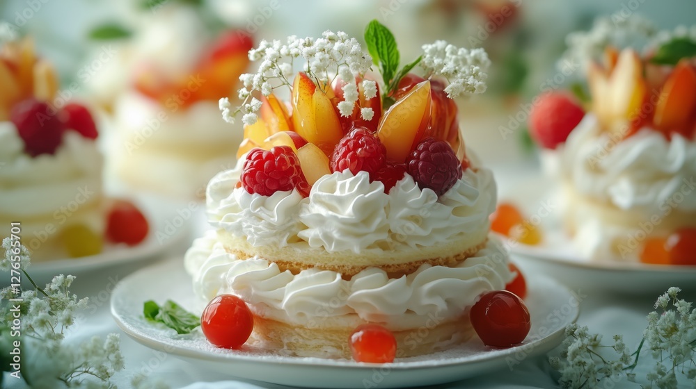 Elegant fruit-topped dessert with layers of sponge cake, whipped cream, raspberries, cherries, and peaches, decorated with delicate white flowers and fresh mint Elegant fruit-topped dessert with layers of sponge cake, whipped cream, raspberries, cherries, and peaches, decorated with delicate white flowers and fresh mint