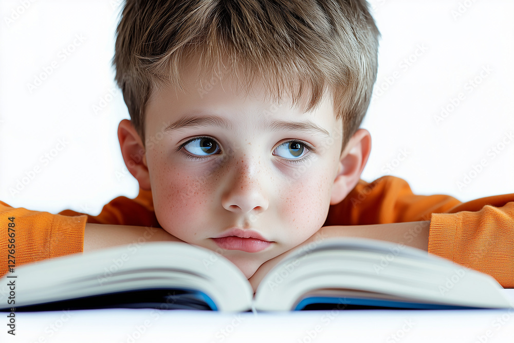 Portrait of boy reading a book isolated on white background, Selective focus kid thinking with book on table. Portrait of boy reading a book isolated on white background, Selective focus kid thinking with book on table.