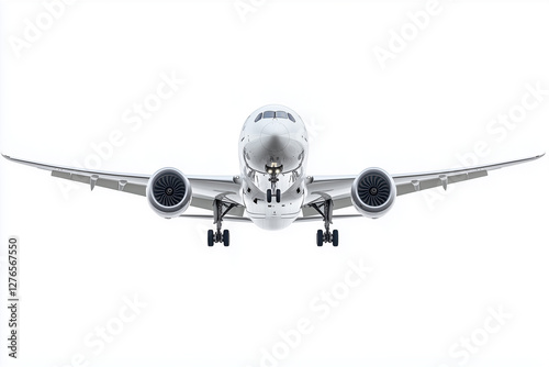Front view landing massive airplane isolated on white background, Selective focus take off white airplane in airport.