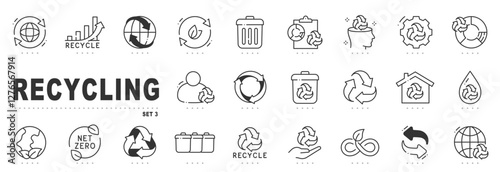 Set of recycling related line icons. Eco, save, reduce, reuse etc. Editable stroke. Set 3