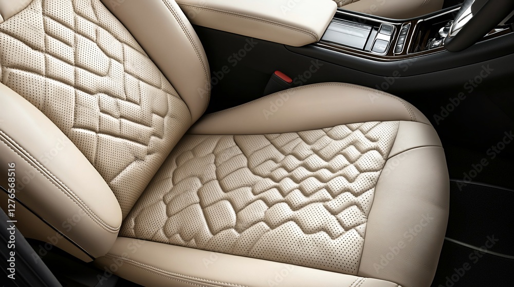 Fototapeta premium Close-up of beige leather car seat with unique quilted pattern.