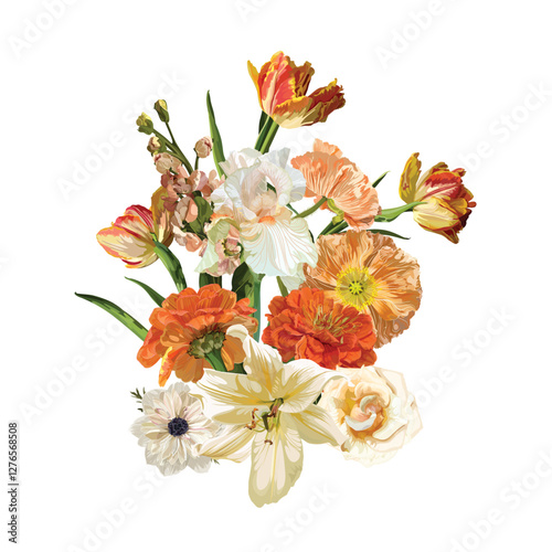Yellow, orange rose, lily, tulip, fall garden flowers, eucalyptus, greenery vector design. Wedding spring summer floral bouquet.