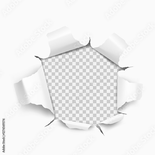 Vector realistic ripped torn hole in the sheet of paper on a transparent background.