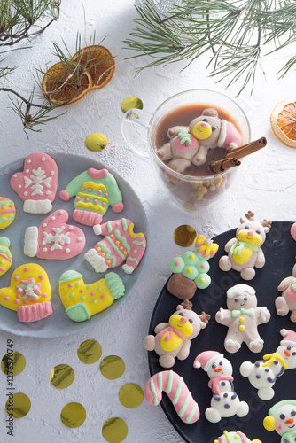 Christmas marshmallows. Winter candy. Sweet food in december. Snowman and Santa Claus