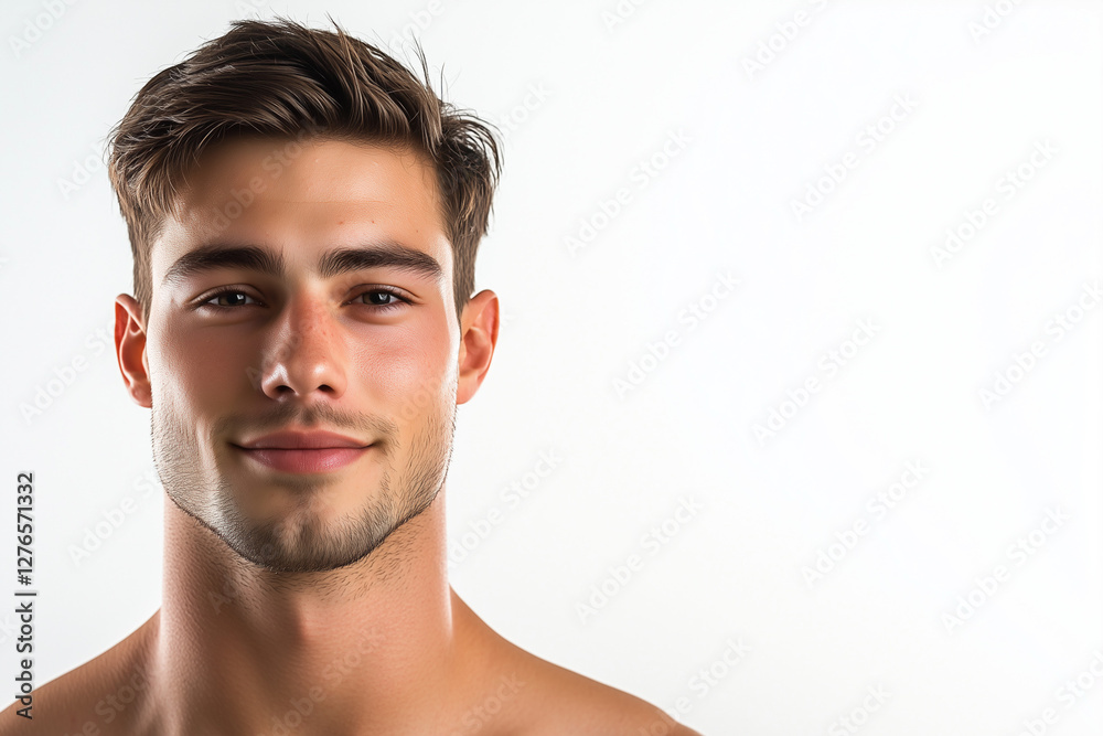 Fototapeta premium Portrait of smart man with jaw line isolated on white background, Selective focus masculine man on white background.