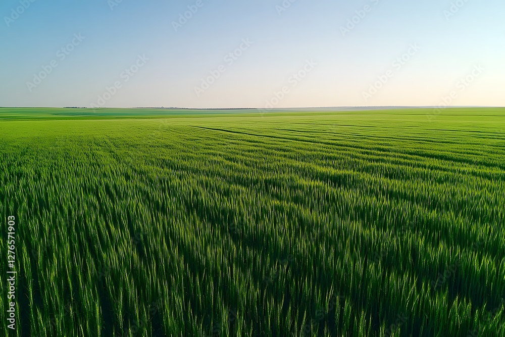 Vast green wheat field under a clear blue sky with lush crops swaying in the wind, peaceful rural farmland landscape, agricultural scenery with fresh growing plants in daylight Vast green wheat field under a clear blue sky with lush crops swaying in the wind, peaceful rural farmland landscape, agricultural scenery with fresh growing plants in daylight
