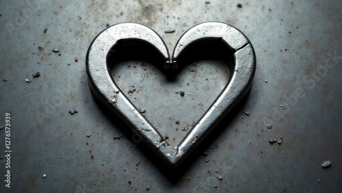 Metallic heart on gray iron background.