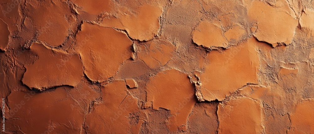 Fototapeta premium Muted cinnamon orange handmade clay wall, organic imperfections, rustic minimal appeal