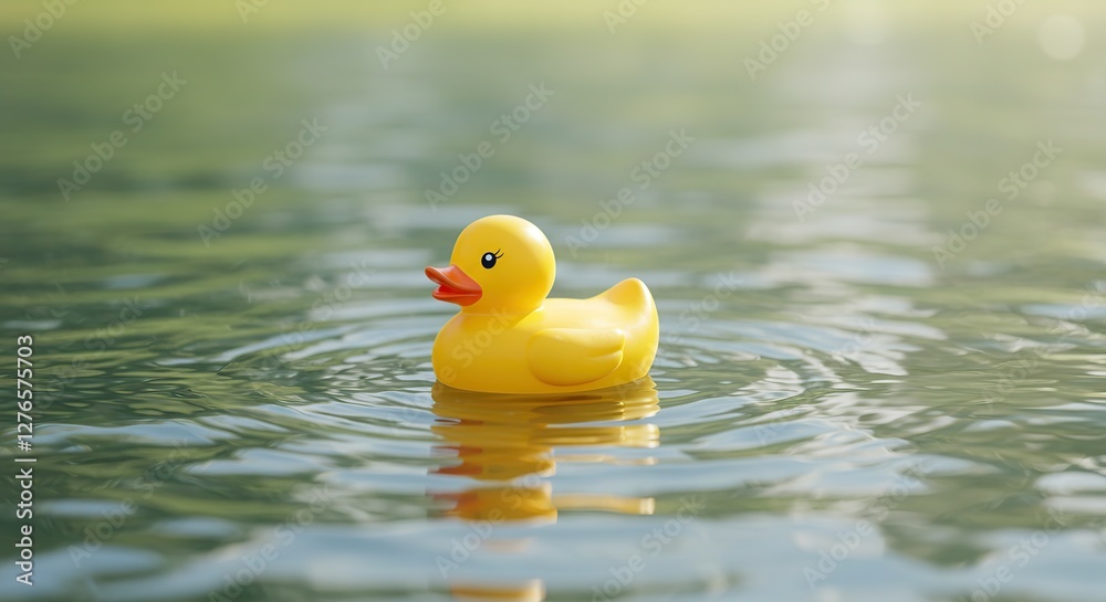 Yellow Rubber Duck Floating Peacefully on Water with Gentle Ripples Yellow Rubber Duck Floating Peacefully on Water with Gentle Ripples