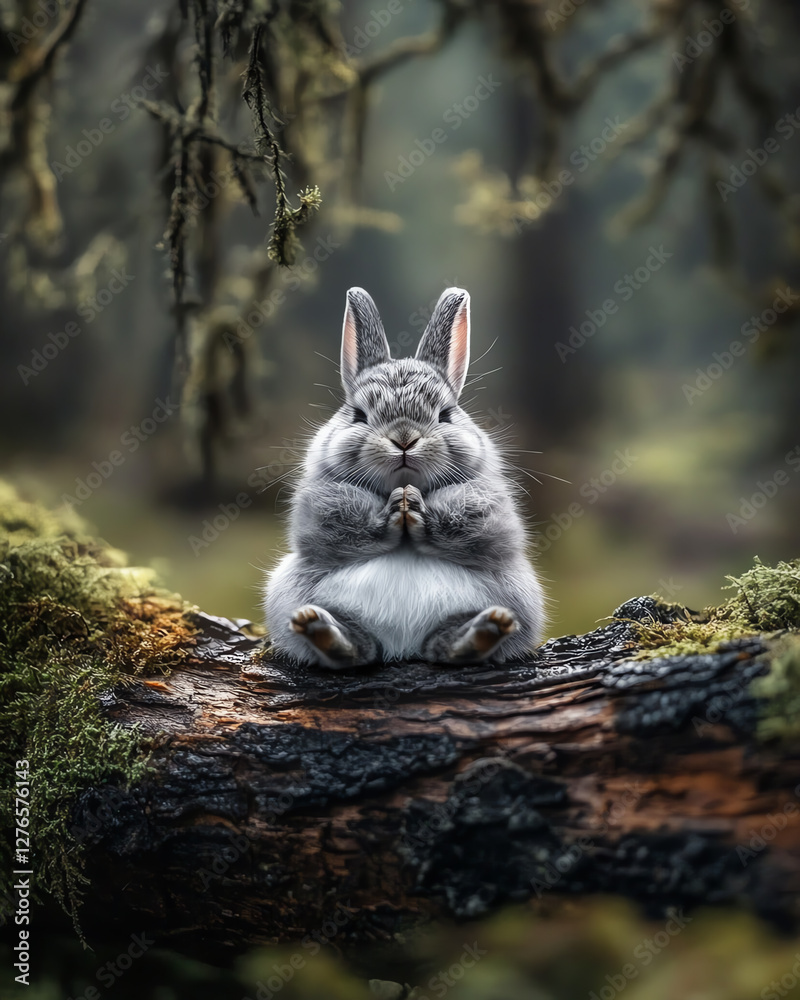 Obraz premium Cute grey rabbit sitting on a tree trunk in a forest setting.