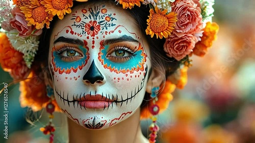 Young woman with traditional Mexican Day of the Dead makeup and colorful flower crown on her head. Video of girl with colorful flowers and Dia de los Muertos patterns on her face.