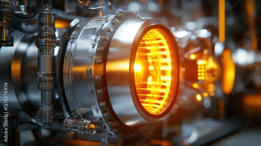 Climate Change Technology Close-up of a metallic engine component with an orange glowing light, showcasing intricate details and technology. Climate Change Technology Close-up of a metallic engine component with an orange glowing light, showcasing intricate details and technology.