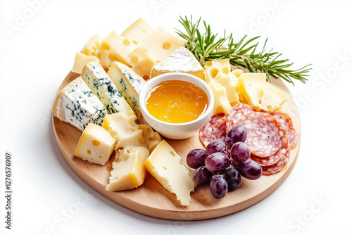Top view cheese board with grapes, biscuit, salami, wine and honey isolated on white background, Selective focus chacuterie on wooden cutting board, Variety cheese board and preservation food.