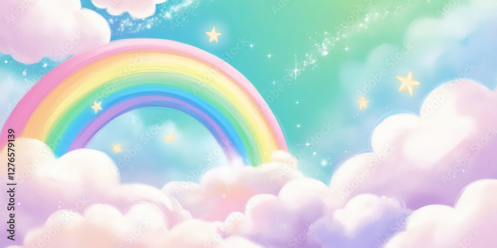 A dreamy pastel sky filled with soft, fluffy white clouds. A vibrant rainbow arcs across the scene. Glowing pastel stars and small light orbs float in the sky. background A dreamy pastel sky filled with soft, fluffy white clouds. A vibrant rainbow arcs across the scene. Glowing pastel stars and small light orbs float in the sky. background