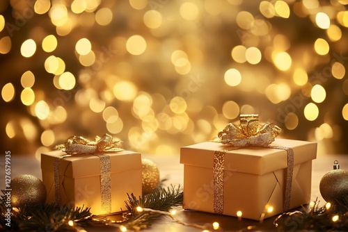 Christmas gift boxes with golden festive lights photo