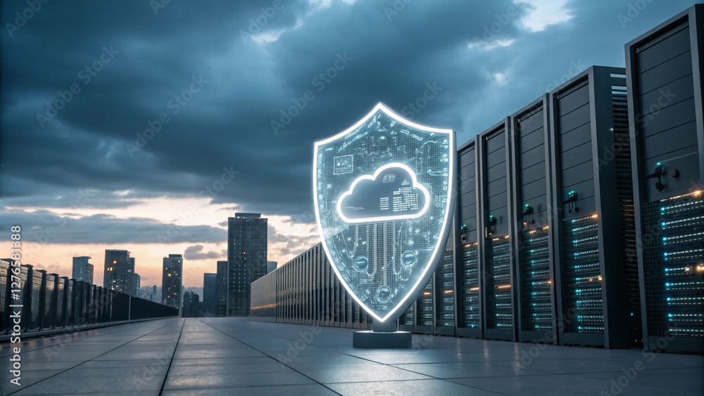 Obraz premium Futuristic Cyber Shield Protecting Floating Cloud - Advanced Technology Concept