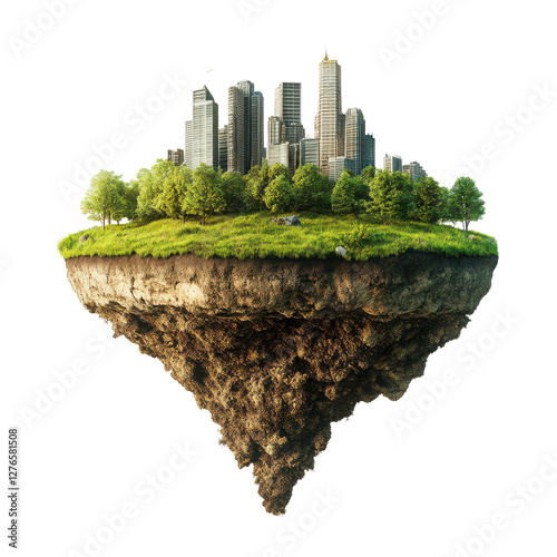 Floating City Island Green Urban Landscape Eco Cityscape, isolated transparent background