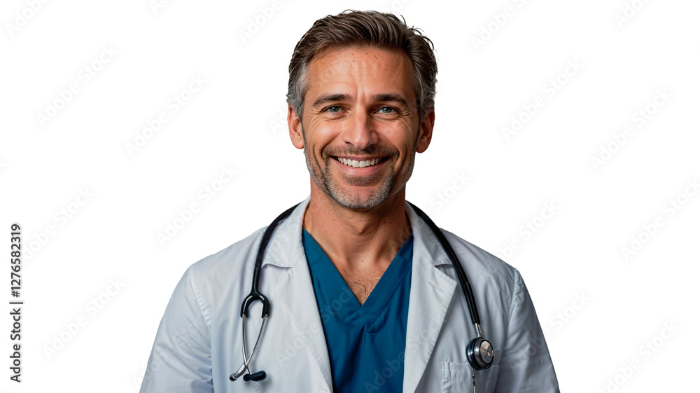 Portrait of smiling male doctor with stethoscope on transparent or white background