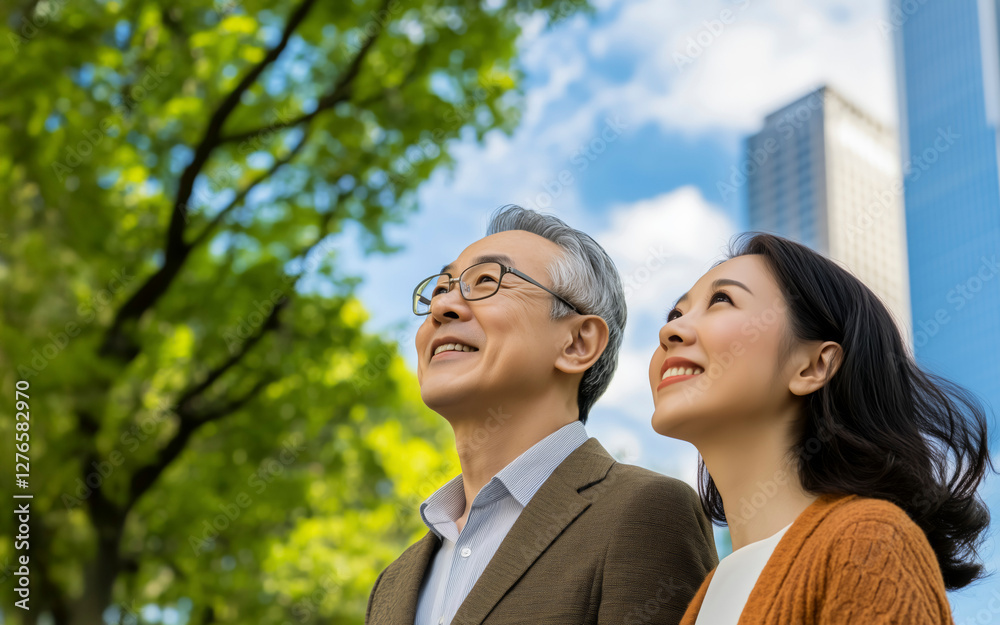 Elderly Asian couple smiling and looking up in city park, surrounded by trees and skyscrapers, enjoying sunny day Elderly Asian couple smiling and looking up in city park, surrounded by trees and skyscrapers, enjoying sunny day