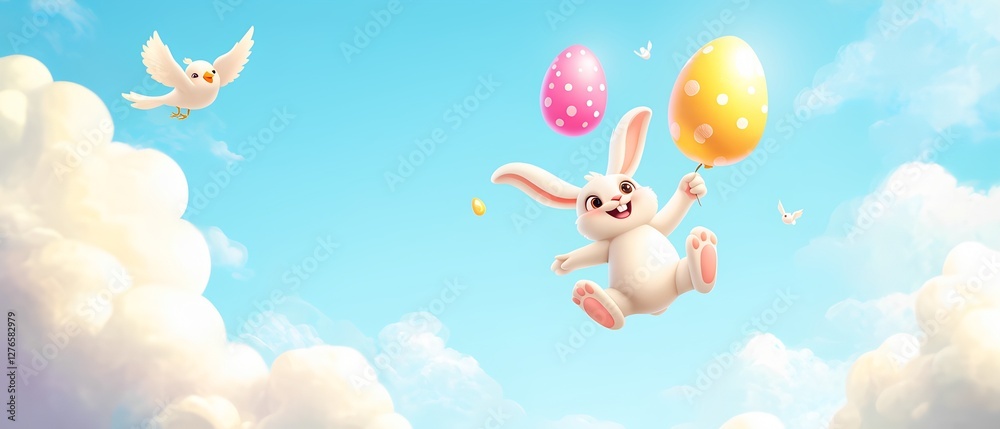 Naklejka premium Cheerful bunny floats in the sky holding colorful balloons on a sunny day with birds flying nearby