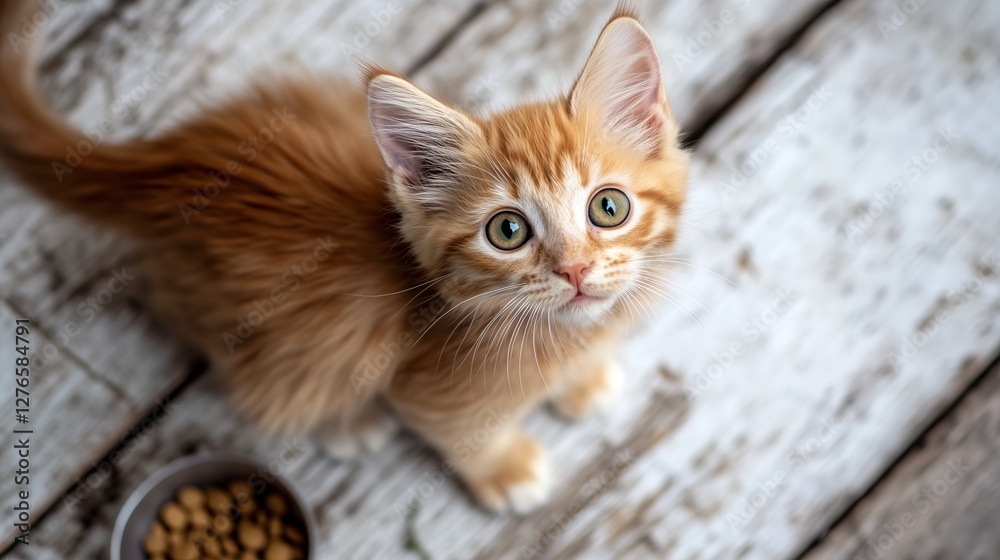 Fluffy ginger kitten with green eyes looking up while standing on a rustic wooden floor near a bowl of dry food. Concept of pet care, nutrition, and domestic animals. Fluffy ginger kitten with green eyes looking up while standing on a rustic wooden floor near a bowl of dry food. Concept of pet care, nutrition, and domestic animals.