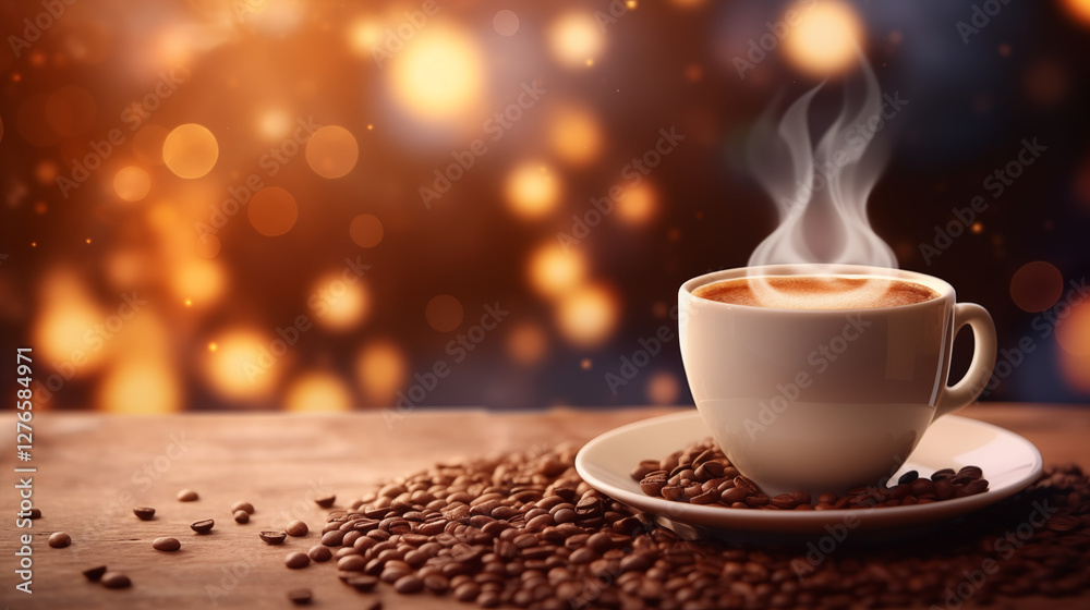Fototapeta premium Tasse de café ou cappuccino. Boisson chaude, ambiance chaleureuse et relaxante. Arrière-plan pour conception et création graphique.