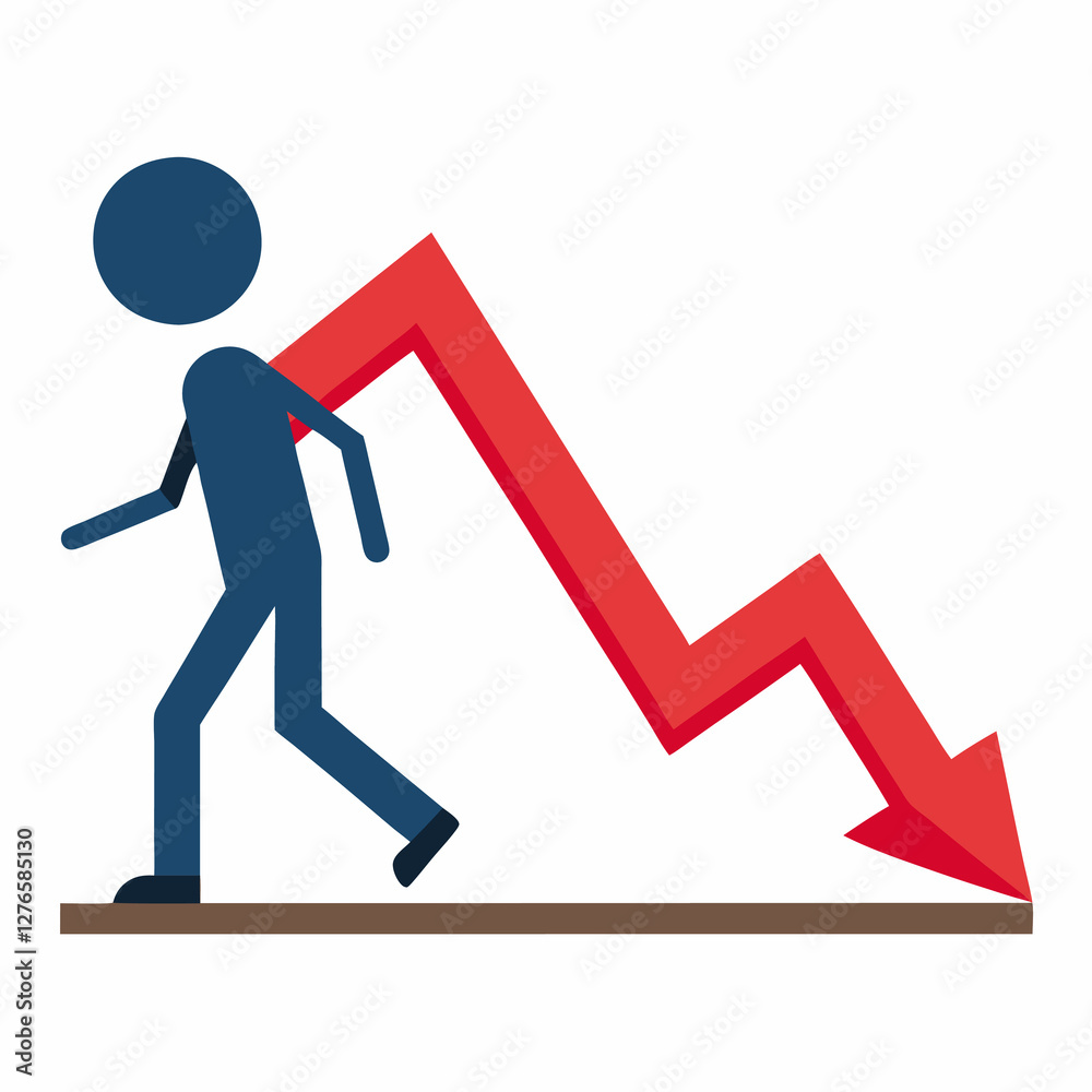 A figure walking under a large red arrow pointing downward on a brown line isolated on white space. Business themed Graphic resource. A figure walking under a large red arrow pointing downward on a brown line isolated on white space. Business themed Graphic resource.