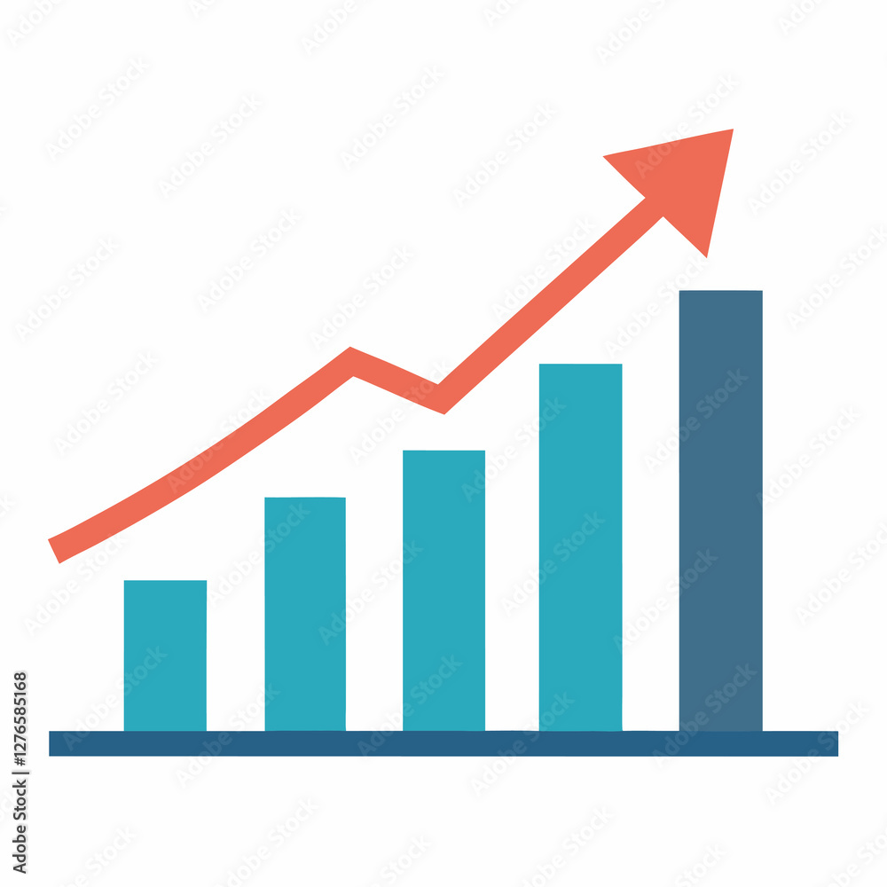 A bar graph showing an upward trend with an arrow indicating growth and positive progression forward. Business themed Graphic resource. A bar graph showing an upward trend with an arrow indicating growth and positive progression forward. Business themed Graphic resource.