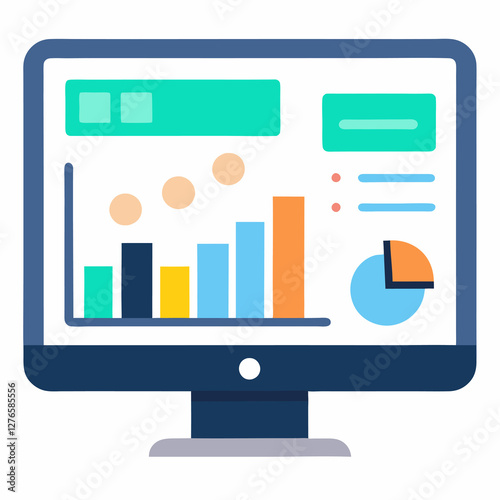 A monitor displaying a colorful chart with bars circles and a pie chart on a dark blue background. Business themed Graphic resource.