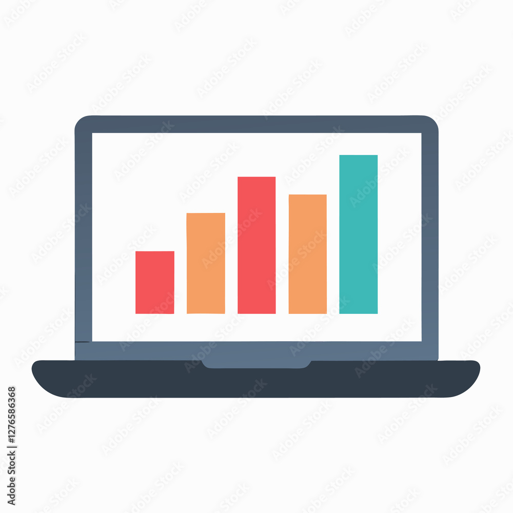 A laptop displaying a bar graph with red orange and teal columns on a white background screen view. Business themed Graphic resource. A laptop displaying a bar graph with red orange and teal columns on a white background screen view. Business themed Graphic resource.