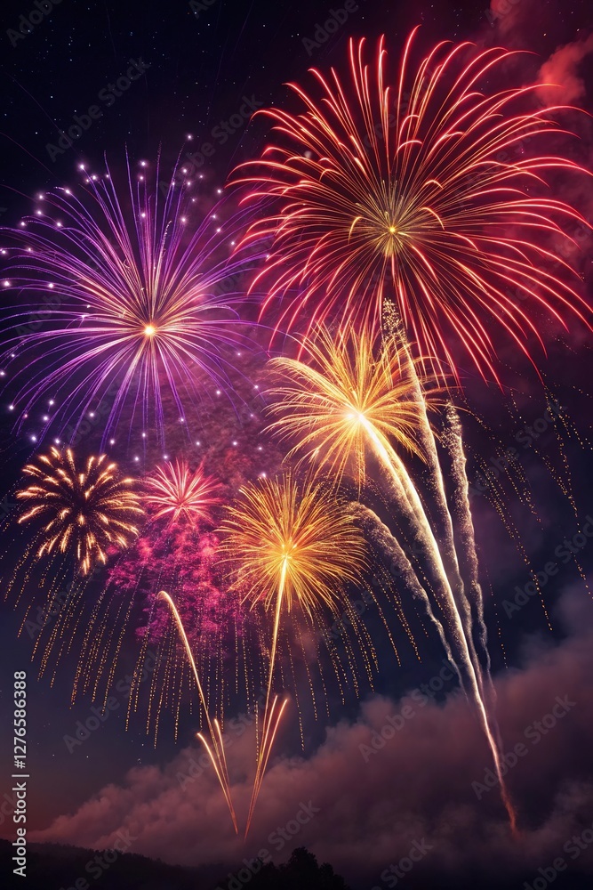 Vibrant Fireworks Display on Night Sky Background: Festive Celebration, Colorful Bursts Vibrant Fireworks Display on Night Sky Background: Festive Celebration, Colorful Bursts