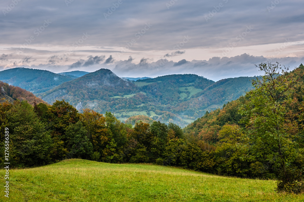 Obraz premium Autumn mountain landscape with forest at sunset. View of the valley. Cloudy sky with colorful clouds. Vrsatec, Slovakia