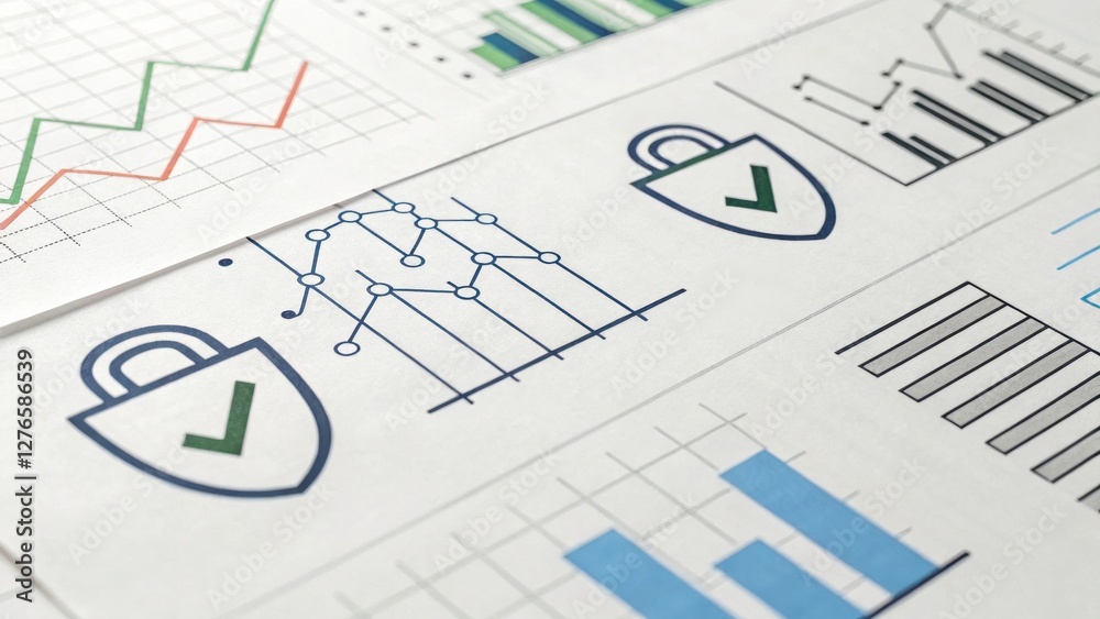 Business analytics with graphs and security symbols on paper documents. Business analytics with graphs and security symbols on paper documents.
