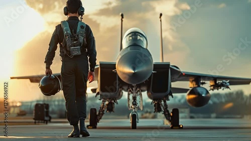 A fighter pilot in a flight suit walking towards a military jet at sunrise, evoking strength and determination