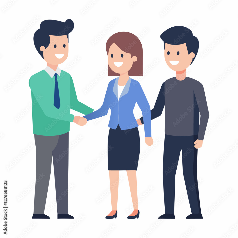 Business colleagues congratulating new hire in flat vector style art Business colleagues congratulating new hire in flat vector style art